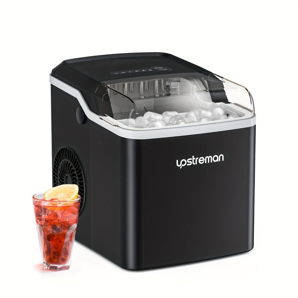 Upstreman Y90 portable ice maker producing bullet-shaped ice cubes, self-cleaning countertop machine, 26lbs daily capacity.