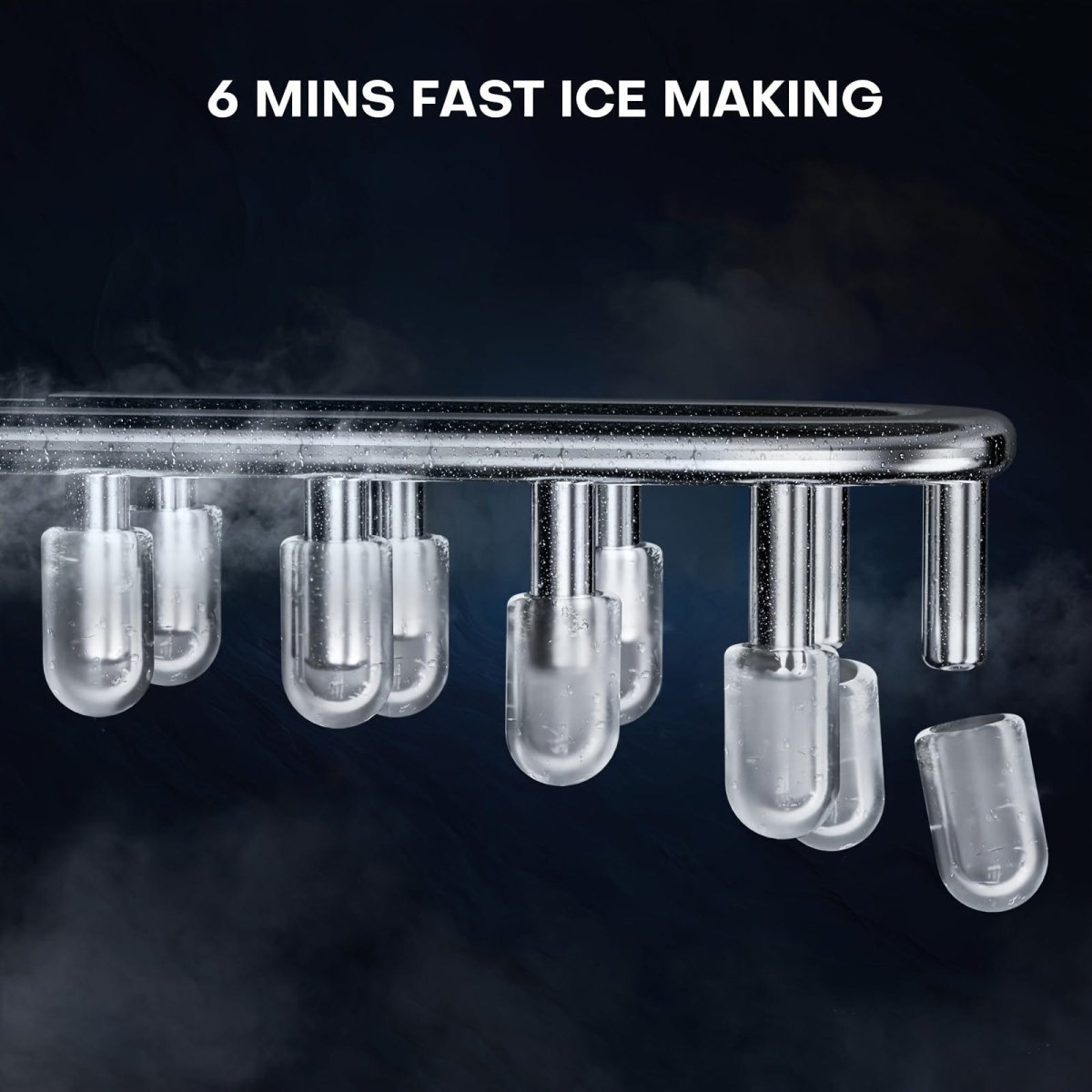 Upstreman Y90 portable ice maker producing clear bullet ice cubes on countertop, self-cleaning design, 26lbs daily capacity.