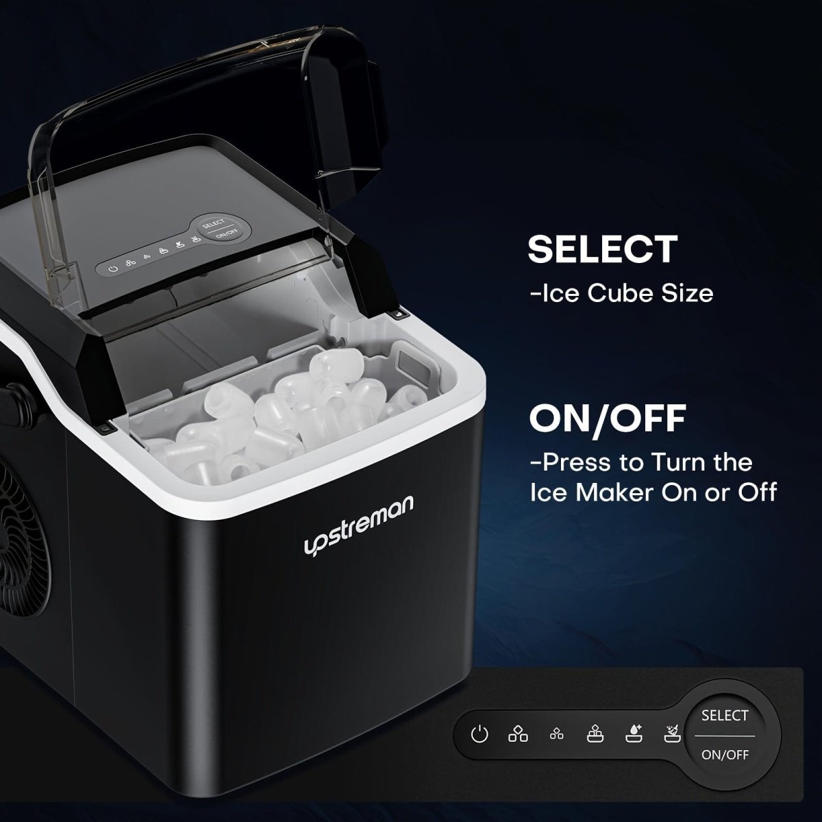 Upstreman Y90 portable ice maker producing bullet-shaped ice cubes on countertop, self-cleaning with 26lbs daily capacity.