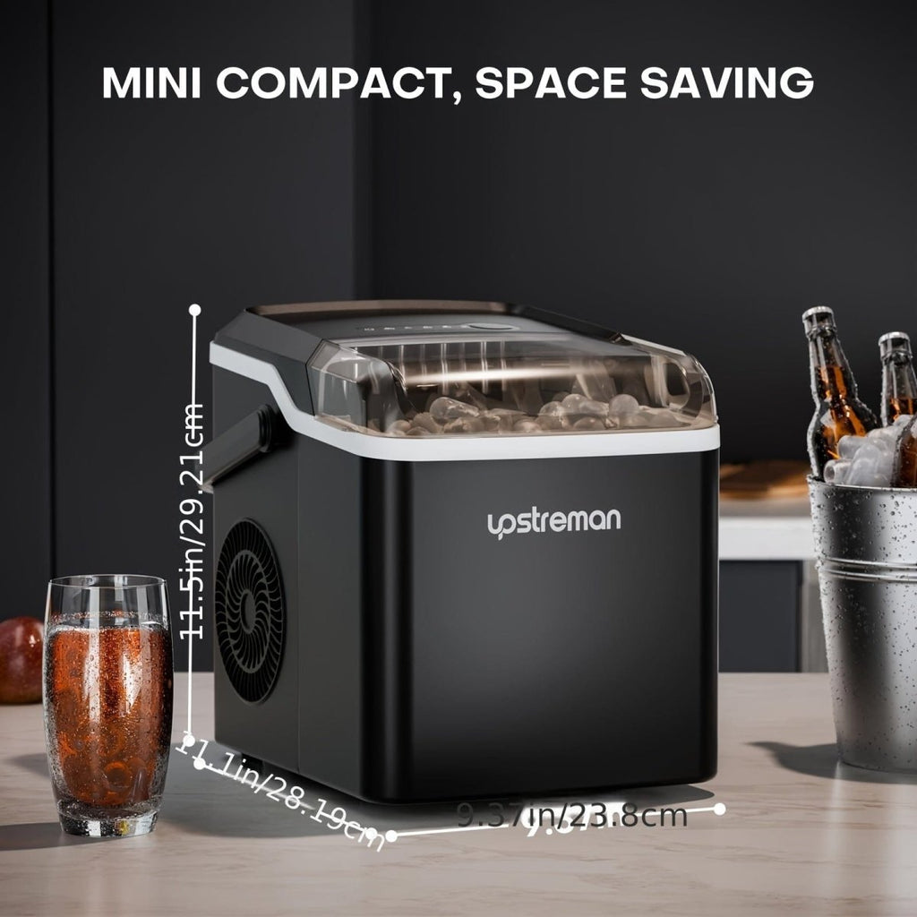 Upstreman Y90 portable ice maker producing bullet-shaped ice cubes, self-cleaning countertop machine with 26lbs daily capacity.