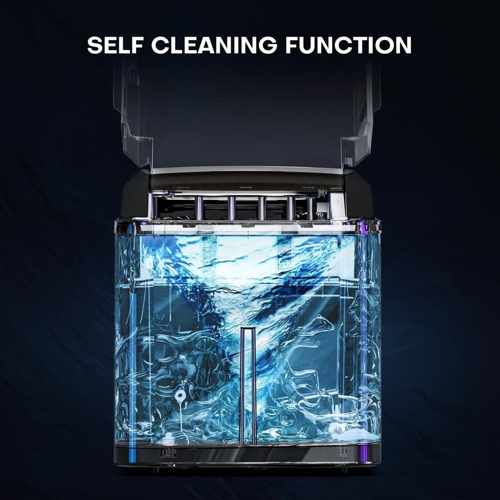 Upstreman Y90 portable ice maker producing bullet ice cubes, self-cleaning, countertop design, ideal for home use.