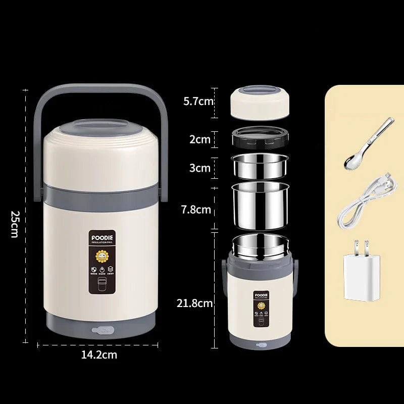 Showlu USB electric heated lunch box with stainless steel food warmer container for hot meals at office or school.
