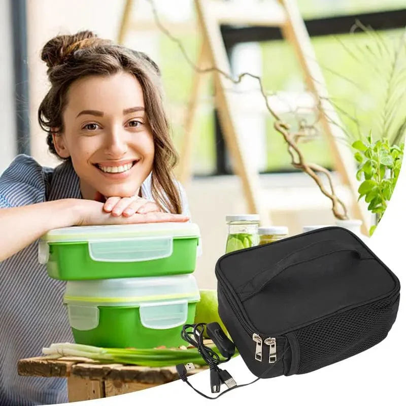 Showlu USB electric heating lunch bag with waterproof Oxford fabric, portable food warmer for travel, camping, and car use.