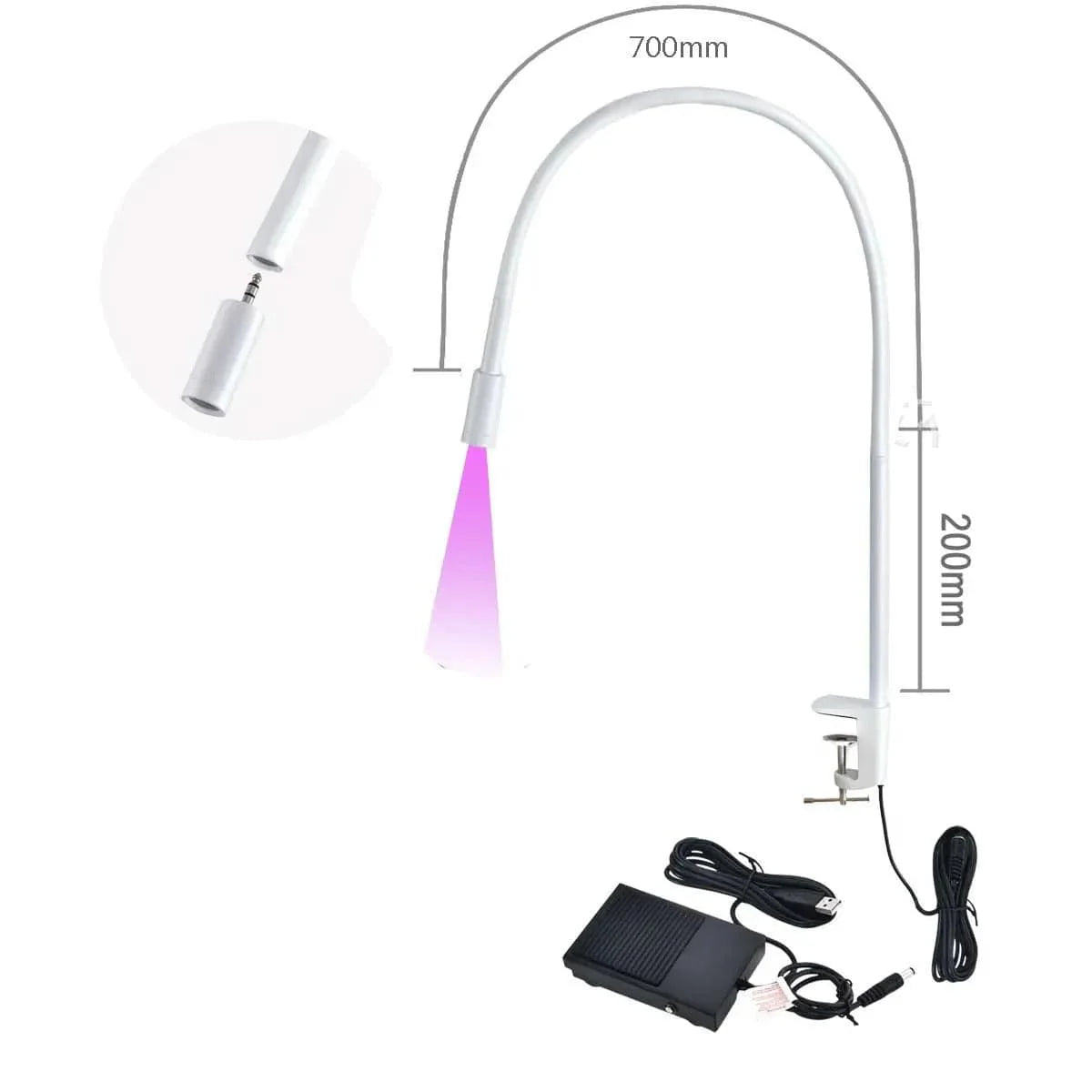 Vusum 5W UV LED glue curing floor lamp for eyelashes and manicures, with foot switch and ultraviolet light for beauty applications.
