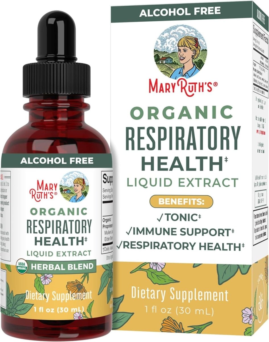 USDA organic respiratory health liquid drops with mullein leaf, marshmallow root, elderberry, herbal blend for lung support and immune health