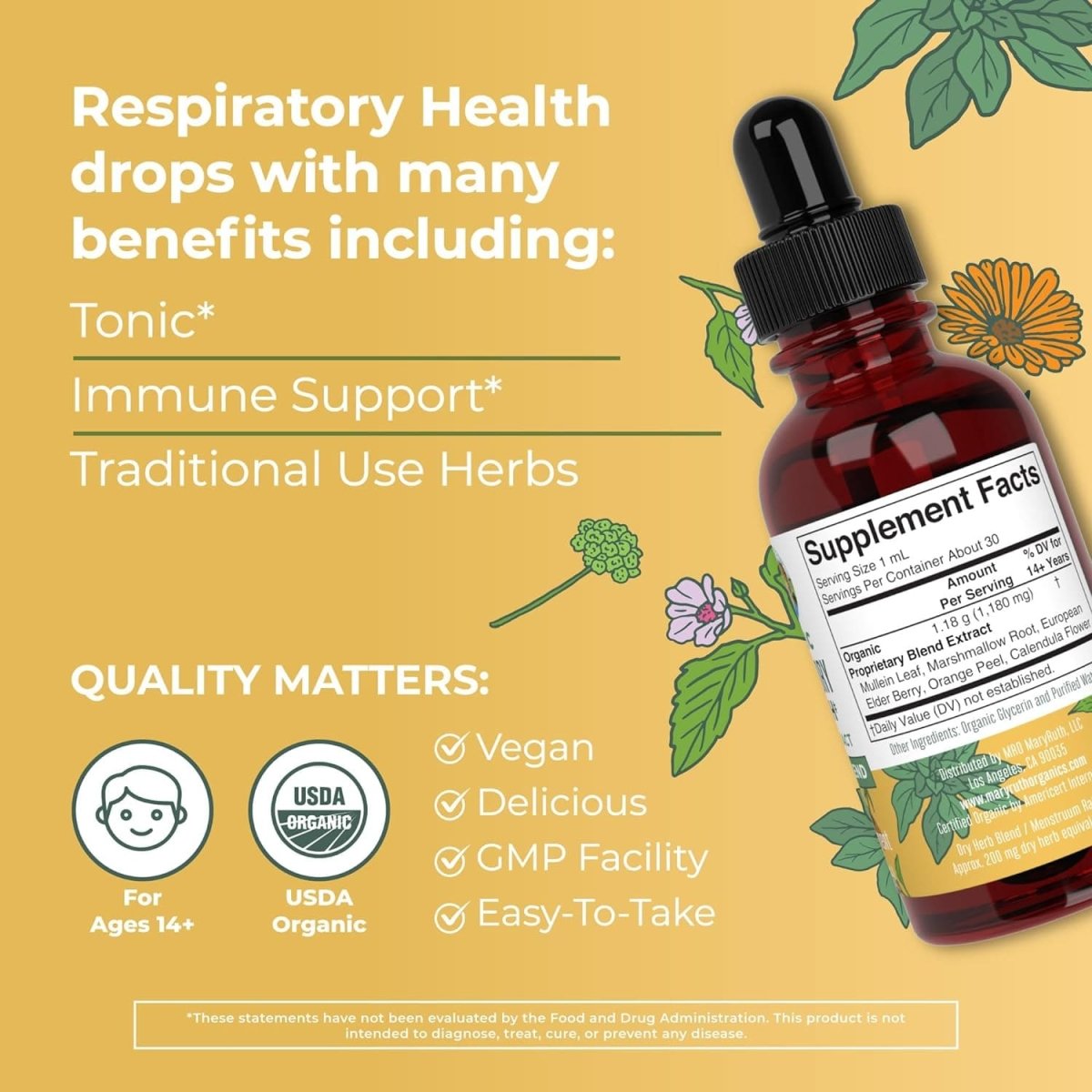 Showlu Organic Mullein Leaf and Marshmallow Root respiratory health liquid drops with elderberry, herbal blend for lung support.