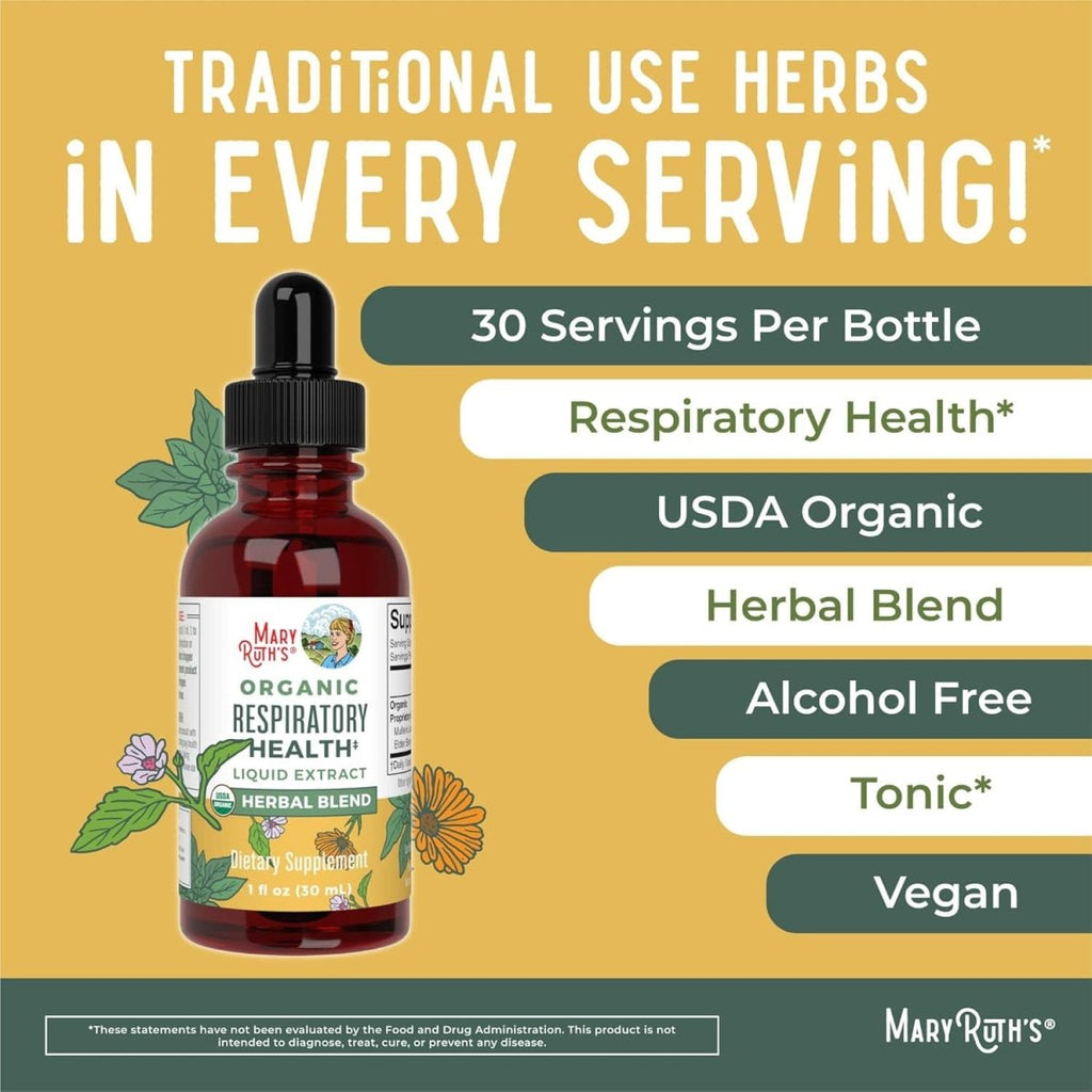 USDA organic respiratory health liquid drops with mullein leaf, marshmallow root, elderberry, herbal blend for immune support.