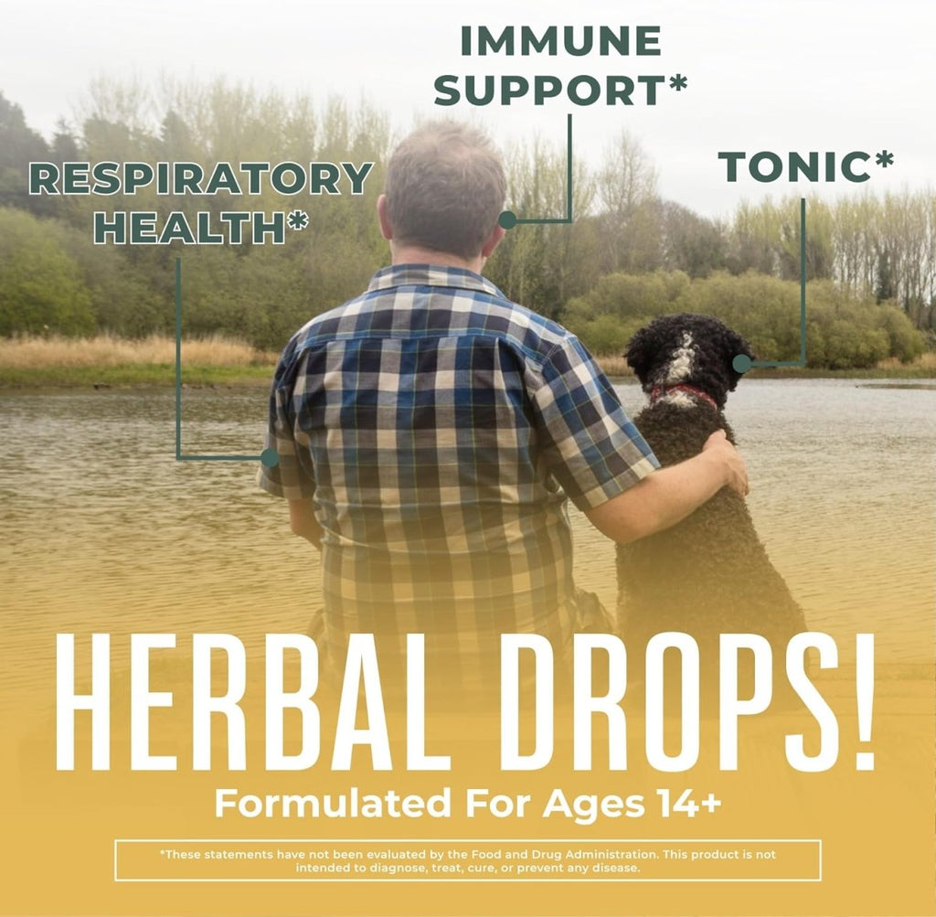 USDA organic respiratory health liquid drops featuring mullein leaf, marshmallow root, elderberry, and herbal blend for immune support.