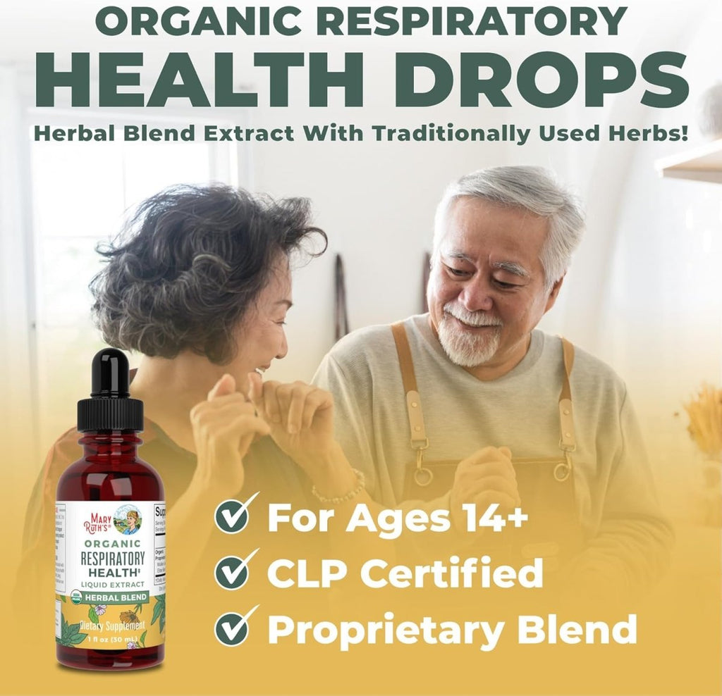 USDA organic respiratory health liquid drops with mullein leaf, marshmallow root, elderberry, and herbal blend for lung support.