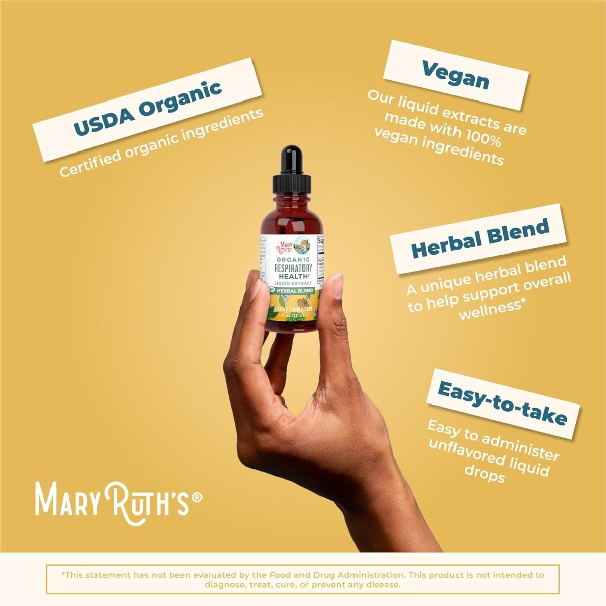 USDA Organic respiratory health liquid drops with mullein leaf, marshmallow root, elderberry, herbal blend for immune support.