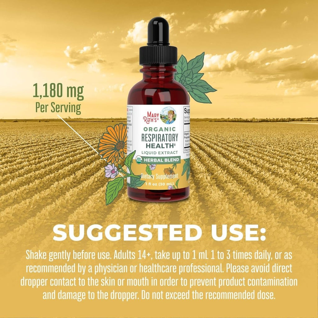 USDA organic respiratory health liquid drops with Mullein leaf, Marshmallow root, elderberry, herbal blend for immune support.