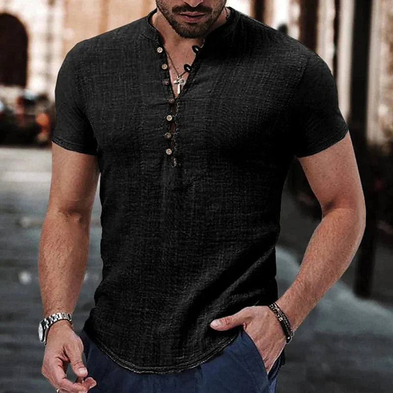 Showlu men's V-neck cotton linen T-shirt with short sleeves and button detail, casual and breathable summer top.
