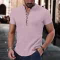 Showlu men's V-neck cotton linen short sleeve T-shirt displayed on a hanger, highlighting breathable fabric and classic design.
