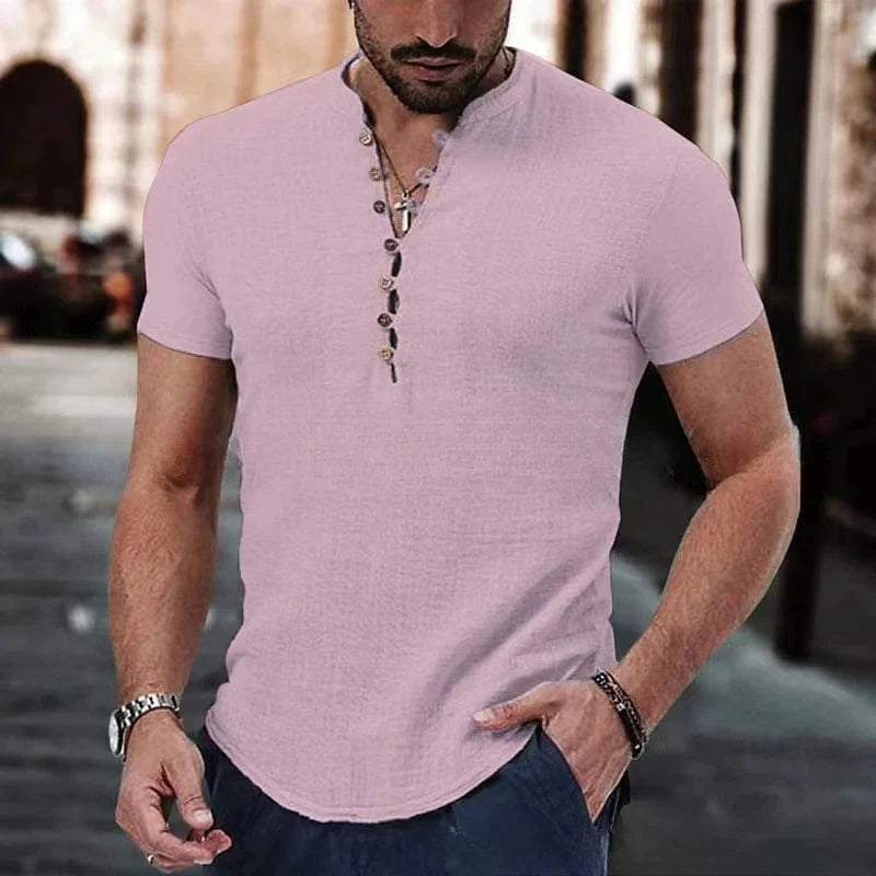 Showlu men's V-neck cotton linen short sleeve T-shirt displayed on a hanger, highlighting breathable fabric and classic design.