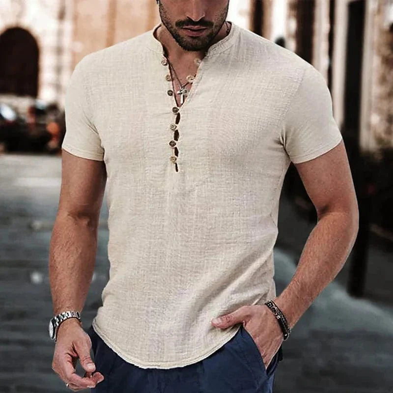 Showlu men's V-neck cotton linen short sleeve T-shirt with button top, lightweight and breathable fabric for casual wear.