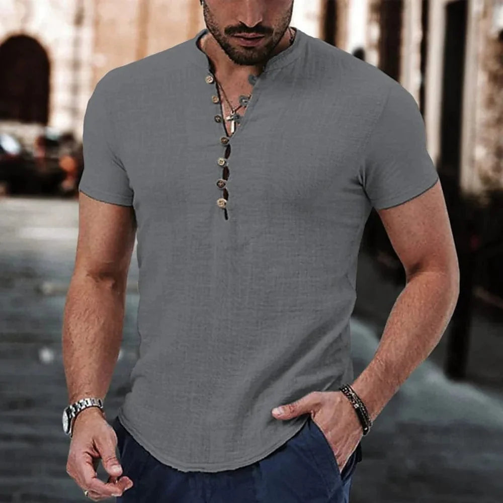 Showlu men's V-neck cotton linen short sleeve T-shirt with button detail, casual and breathable summer top.