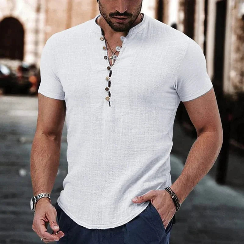 Showlu men's V-neck cotton linen T-shirt with short sleeves and button detail, casual stylish top for warm weather.