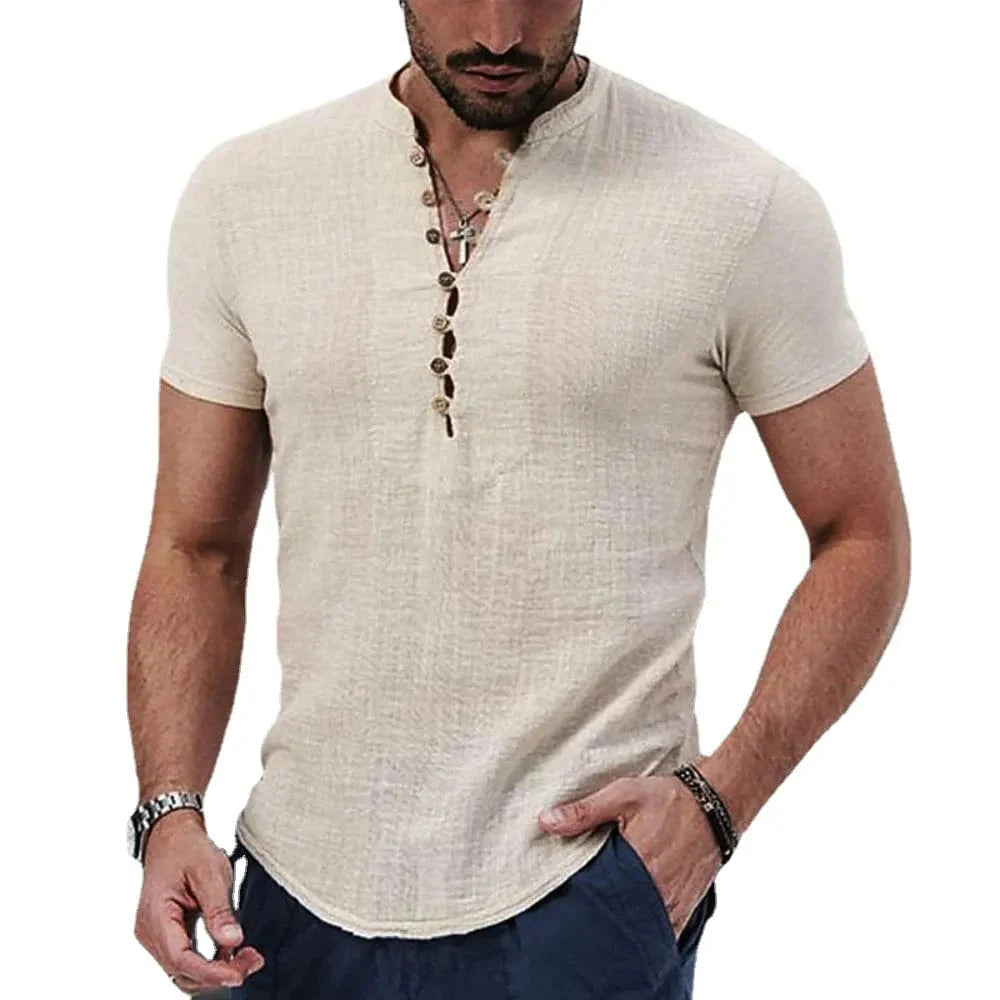 Showlu men's V-neck cotton linen T-shirt with short sleeves and button detail, casual top perfect for warm weather.