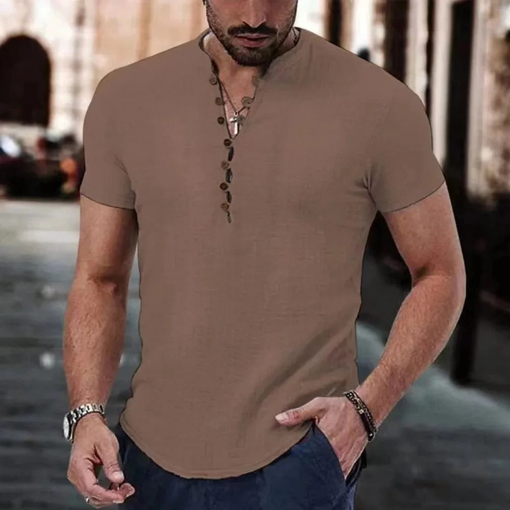 Showlu men's V-neck cotton linen short sleeve T-shirt with button detail, casual and lightweight for everyday wear.