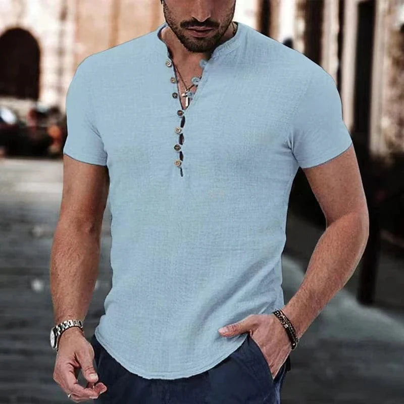 Showlu men's V-neck cotton linen T-shirt with short sleeves and button detail, casual and breathable for everyday wear.
