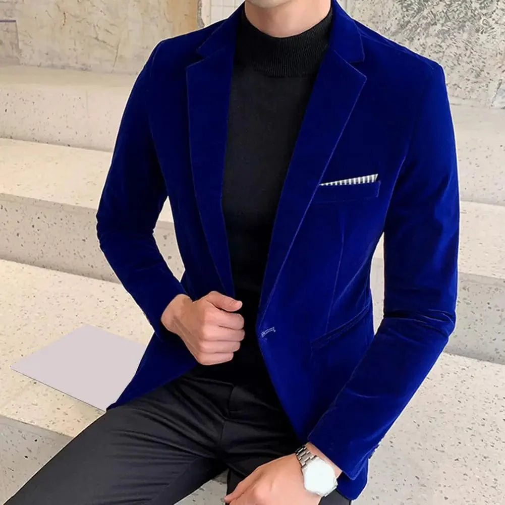 SHOWLU Men's slim fit velvet blazer with turn-down collar, single button, elegant design, formal suit jacket for men.