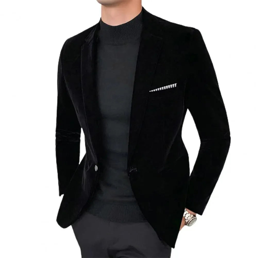 SHOWLU Men's slim fit velvet blazer with turn-down collar, single button, elegant formal suit jacket for men.