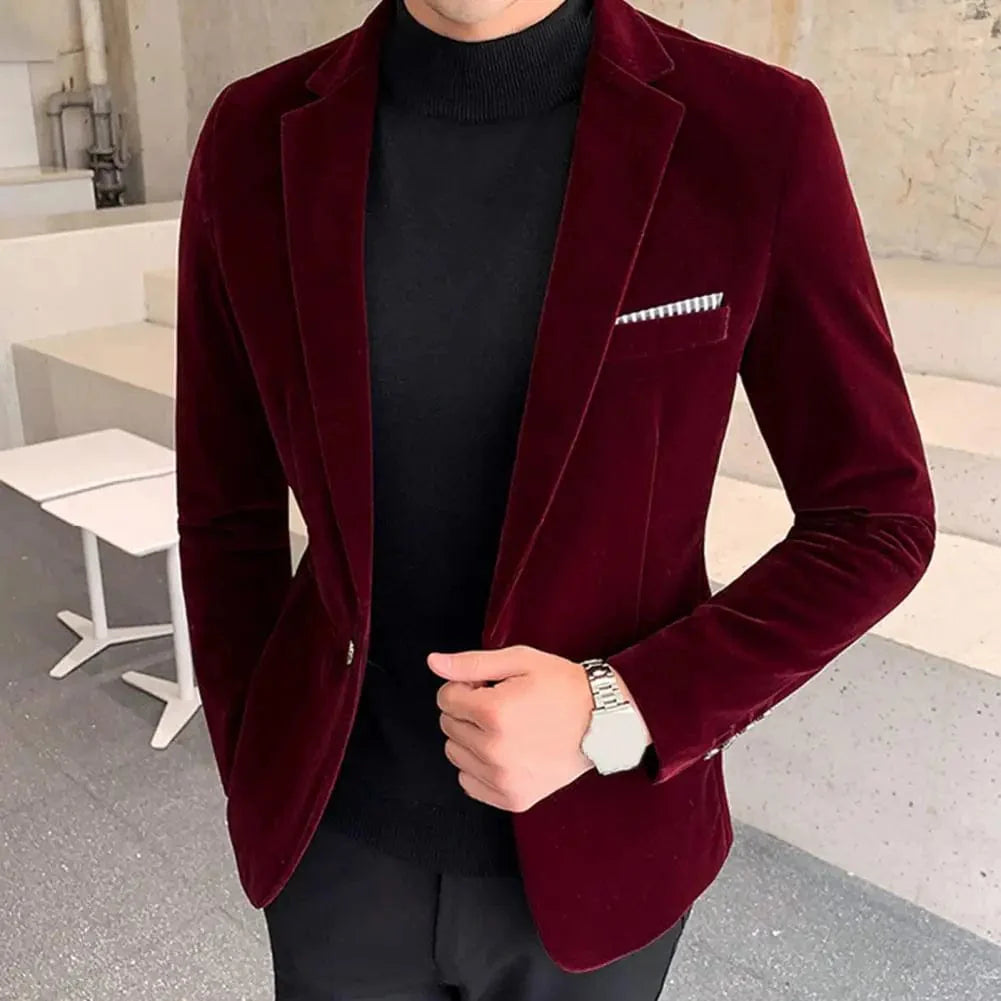 SHOWLU Men's slim fit velvet blazer with turndown collar, single button, elegant formal suit jacket, velvet lining, stylish men's jacket