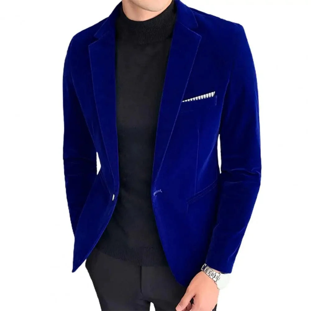SHOWLU Men's slim fit velvet blazer with a turn-down collar, single button, elegant lining, suitable for formal occasions.