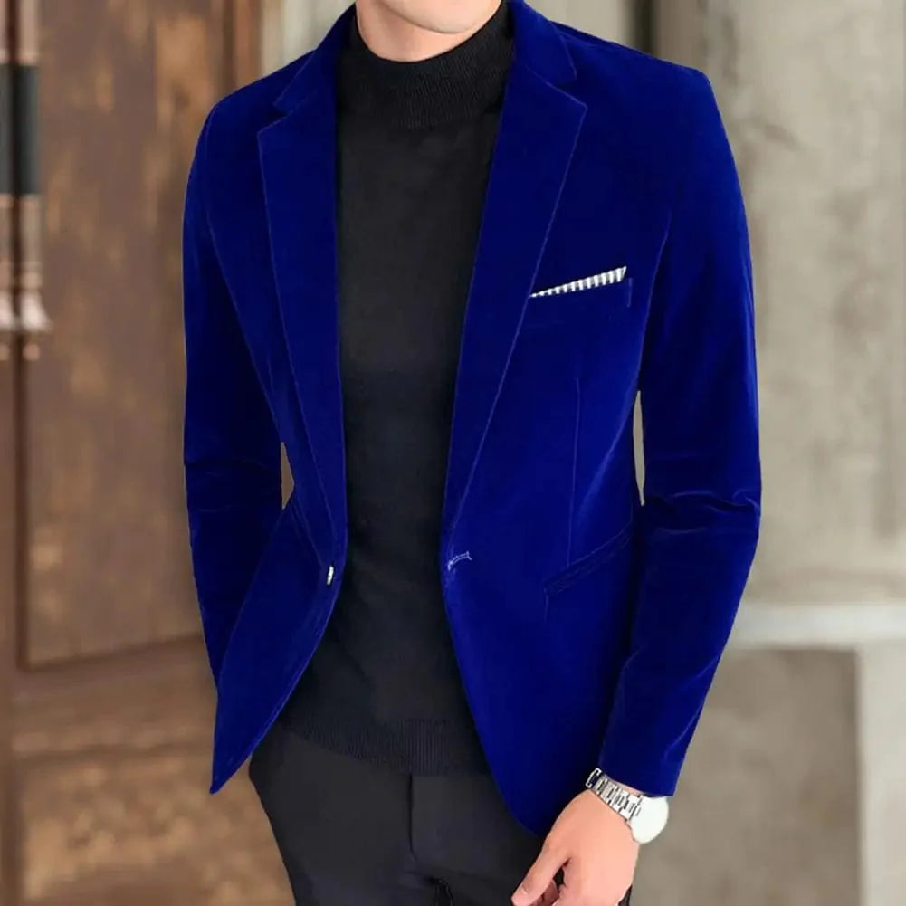 SHOWLU Men's slim fit velvet blazer with single button, turn-down collar, elegant design, and formal velvet lining.