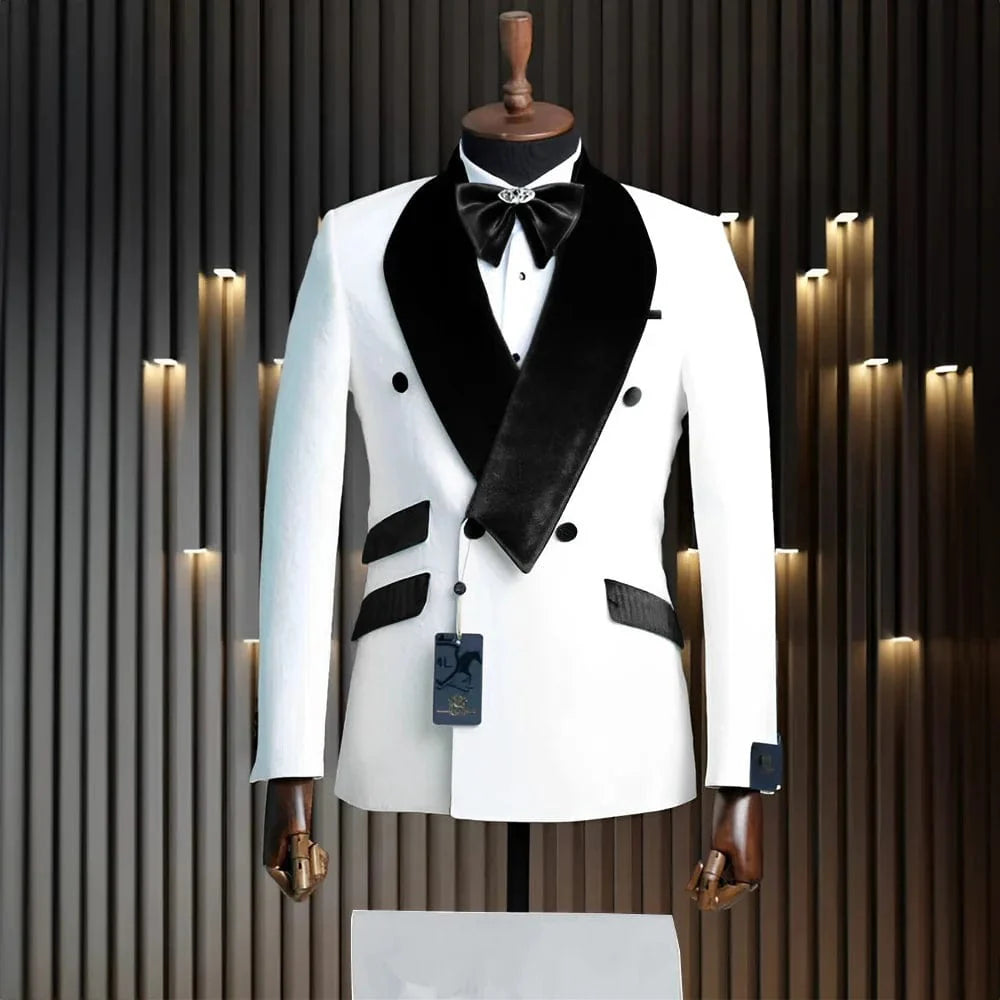 SHOWLU Men's 2-Piece Velvet Wedding Tuxedo with white jacket and pants, classic wool formal suit for grooms and special occasions.