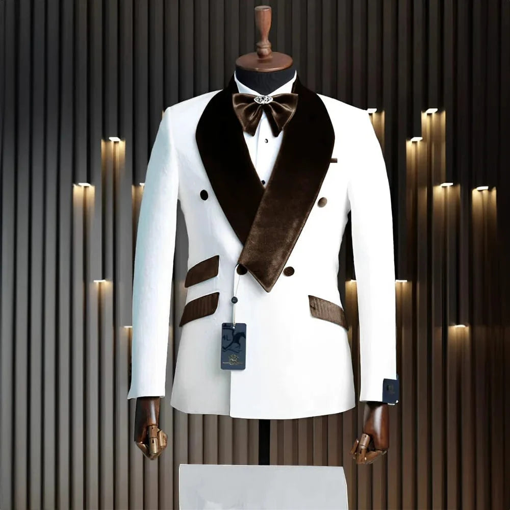 SHOWLU Men's 2-Piece Velvet Wedding Tuxedo with white jacket and pants, classic wool formal suit for grooms and special occasions.