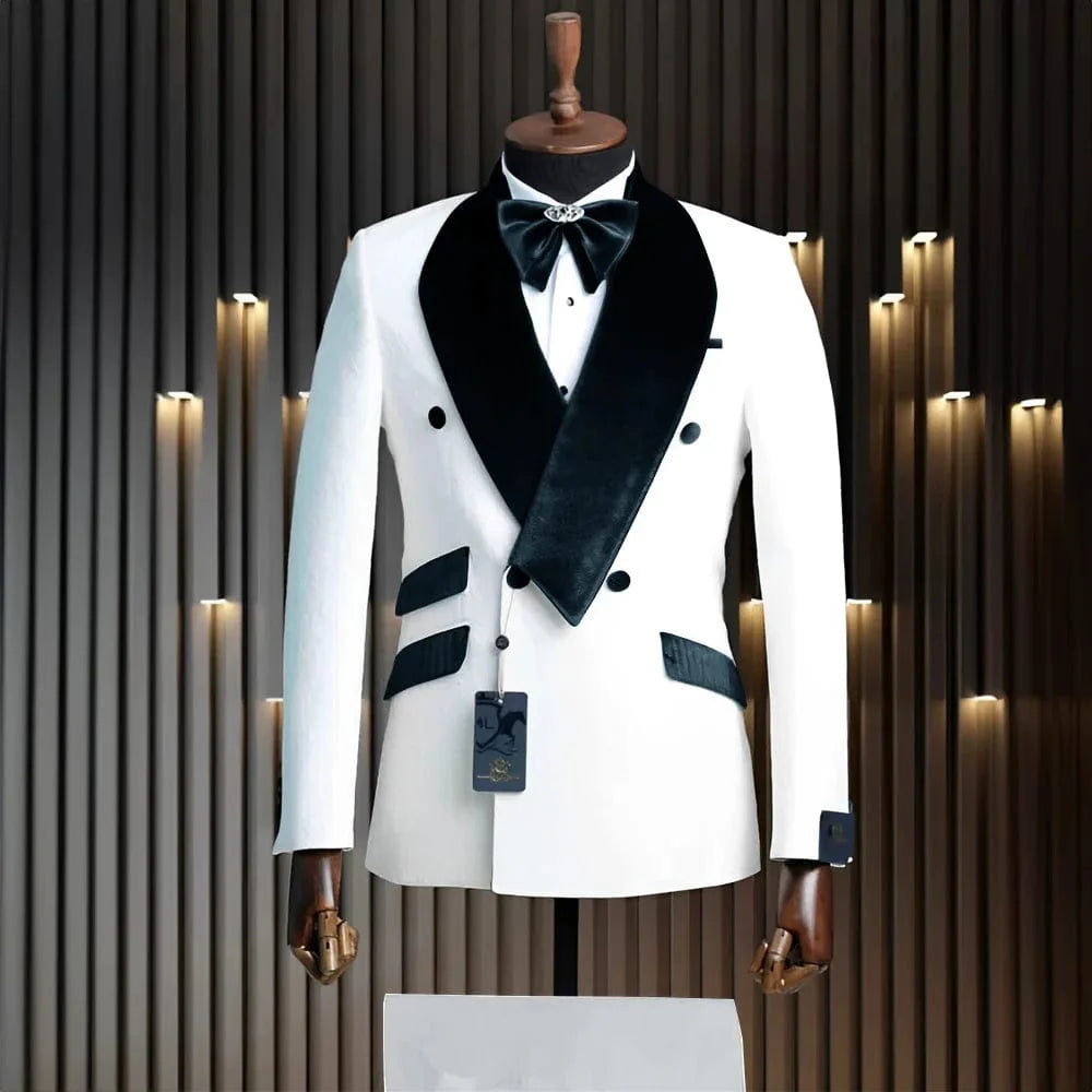 SHOWLU Men's 2-Piece Velvet Wedding Tuxedo with white jacket and pants, classic wool formal suit for grooms and special occasions.