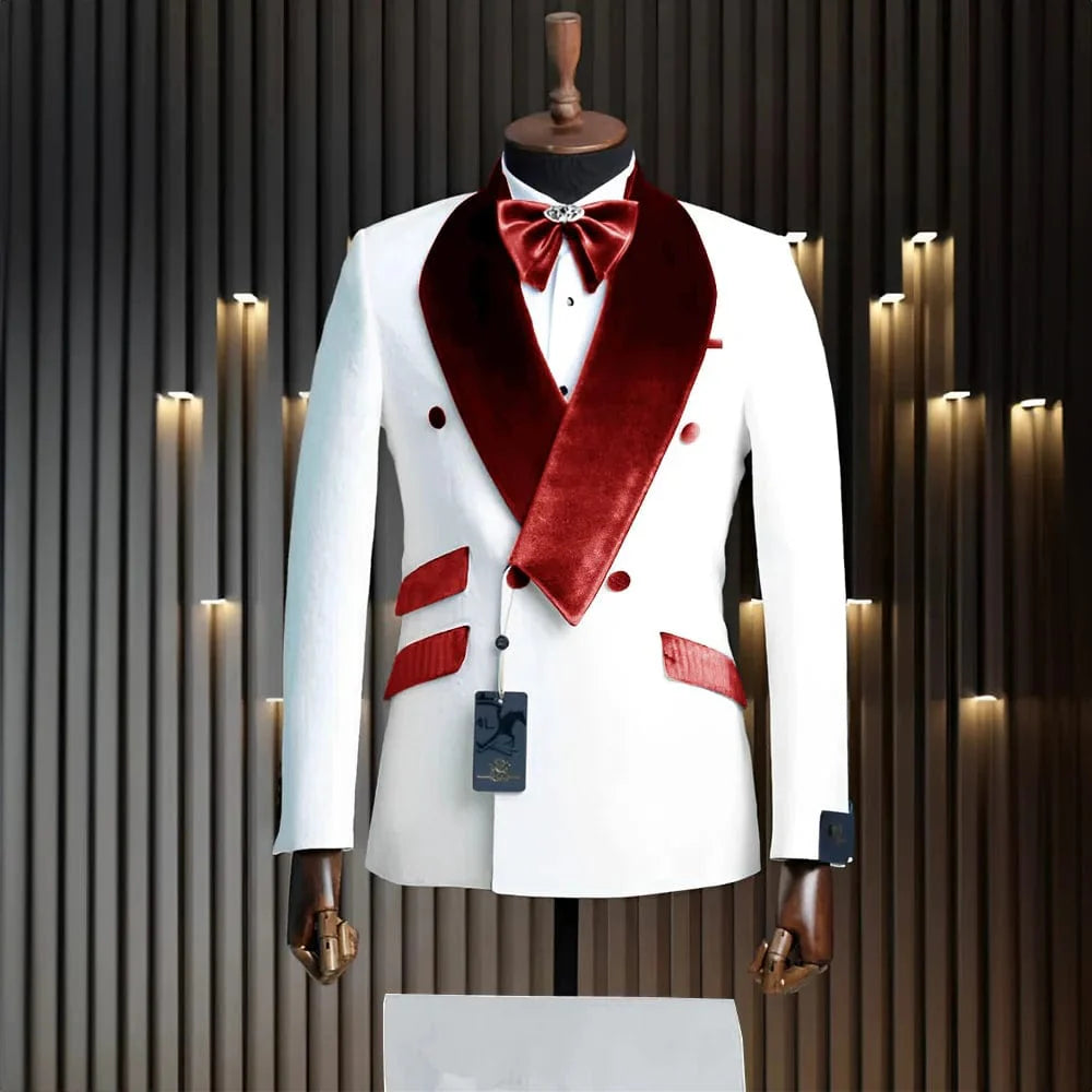SHOWLU Men's 2-Piece Velvet Wedding Tuxedo with white jacket and pants, classic wool formal suit for grooms and special occasions.