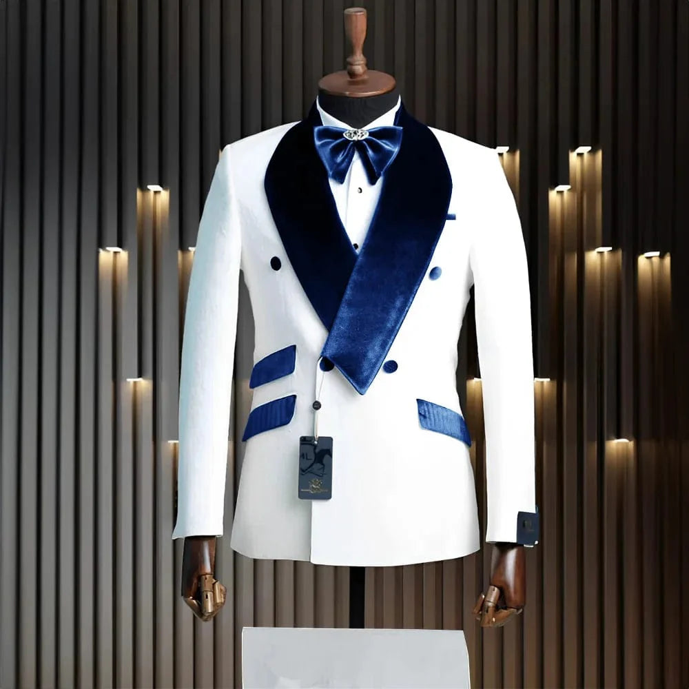 SHOWLU Men's 2-Piece velvet wedding tuxedo with white shirt, classic wool formal suit for grooms, includes jacket and pants in various sizes.
