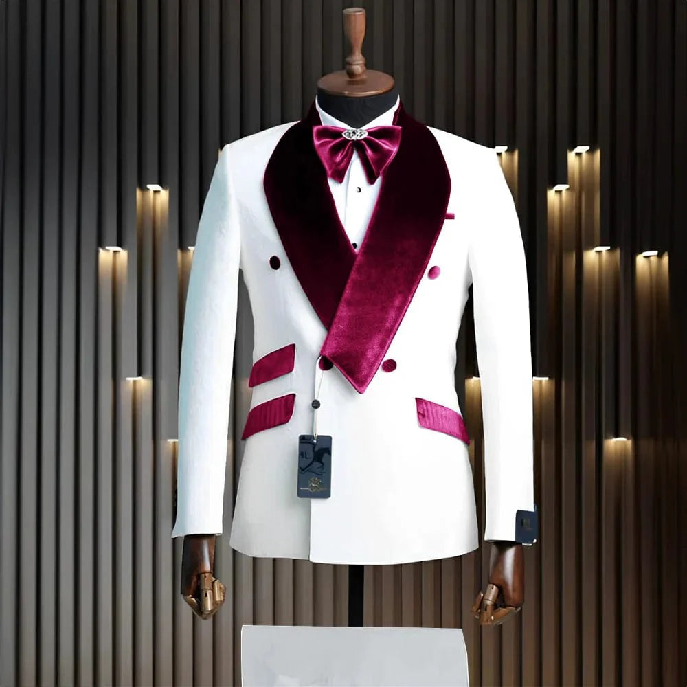 SHOWLU Men's 2-Piece Velvet Wedding Tuxedo with white classic wool jacket and pants, formal suit for grooms and special occasions.