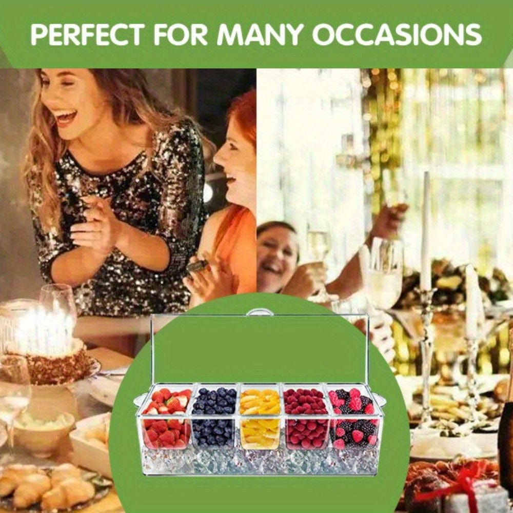 Showlu 5-compartment chilled serving tray with lid for fruit and salads, featuring ice-cooled sections for fresh snacks and party presentation.