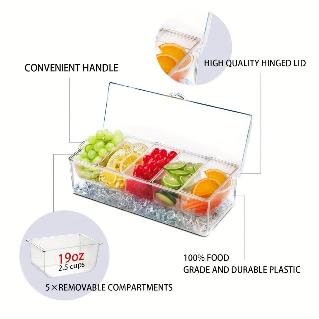 Showlu 5-compartment chilled serving tray with lid, featuring ice-cooled sections for fresh fruit, salads, and snacks.