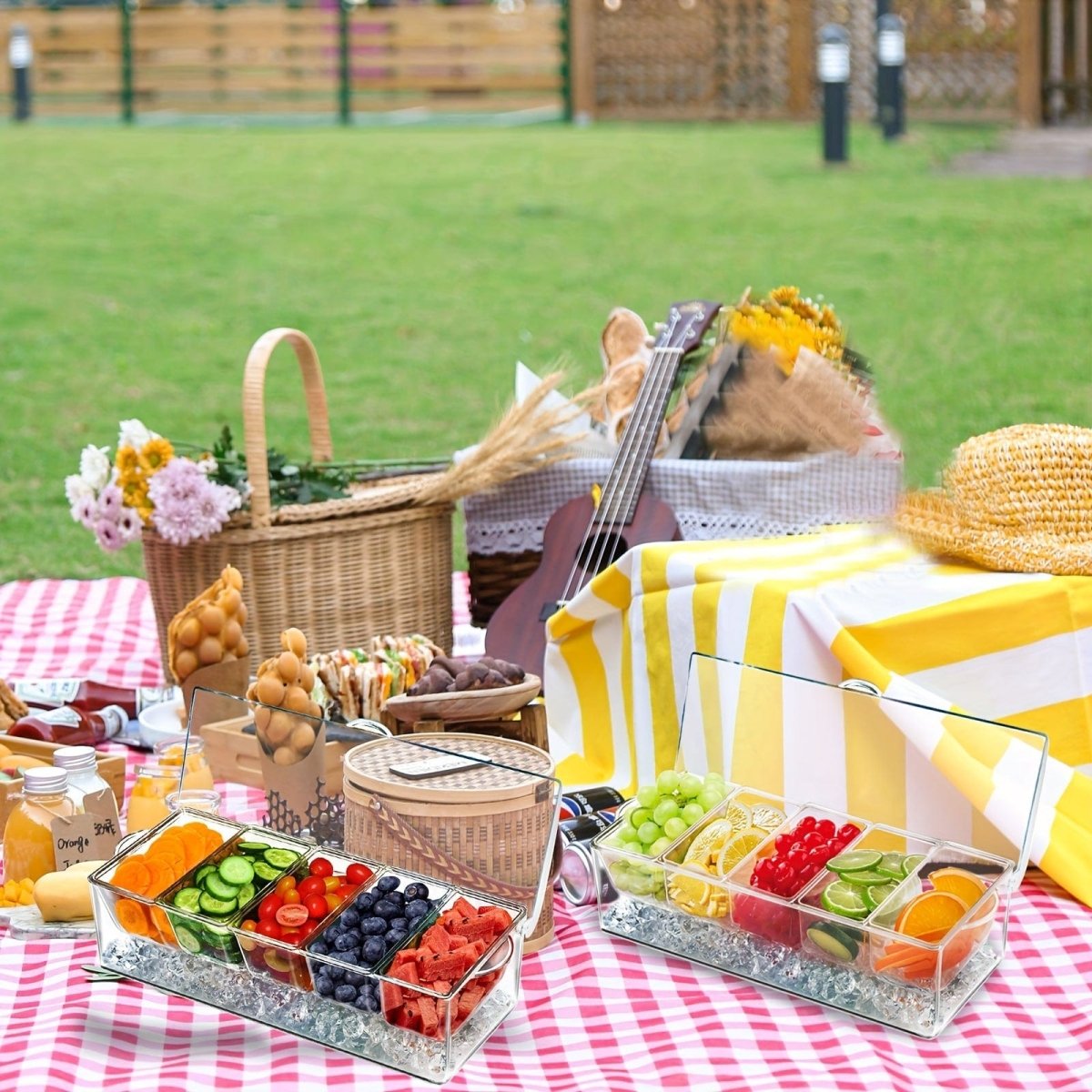 Showlu 5-compartment chilled serving tray with lid for fruit, salads, and snacks; features ice-cooled sections for freshness.