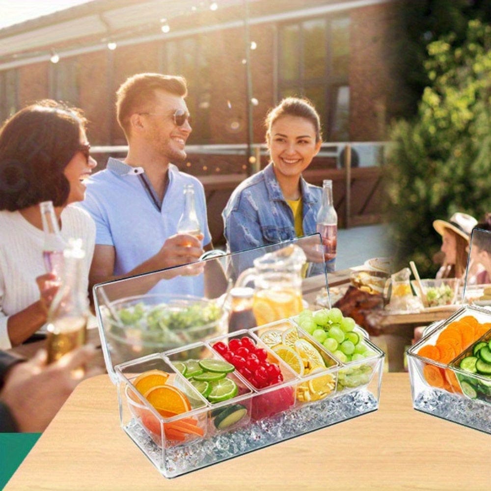 Showlu 5-compartment chilled serving tray with lid, featuring ice-cooled sections for fresh fruit, salads, and snacks.
