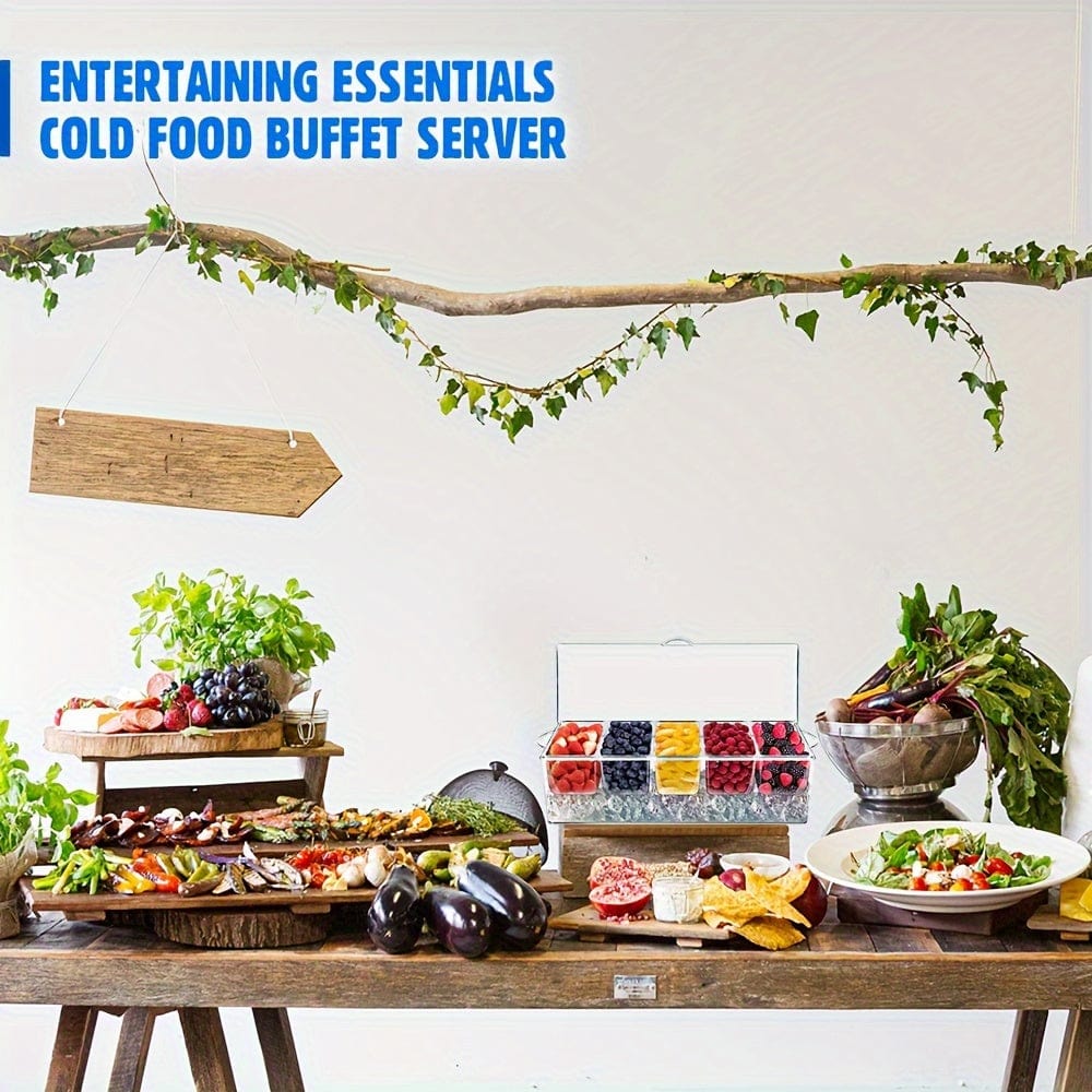 Showlu 5-compartment chilled serving tray with lid, featuring ice-cooled sections for fresh fruit, salads, and snacks at parties.