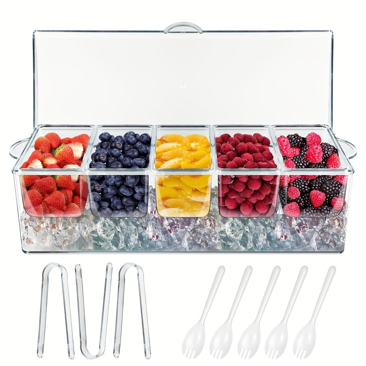 Showlu 5-compartment chilled serving tray with lid, featuring ice-cooled sections for fresh fruit, salads, and snacks.