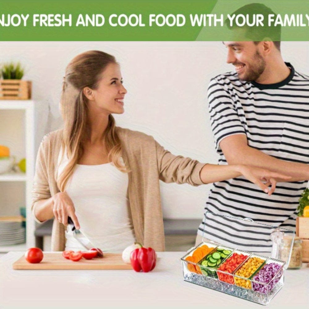 Showlu 5-compartment chilled serving tray with lid, featuring sections for fresh fruit, salads, and snacks, ideal for parties.