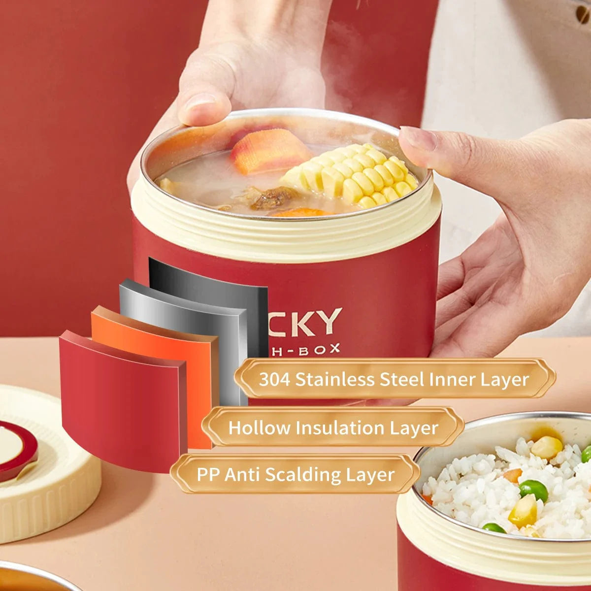 Showlu Fashion Store WORTHBUY thermal lunch box in stainless steel with leak-proof design, ideal for hot or cold meals.