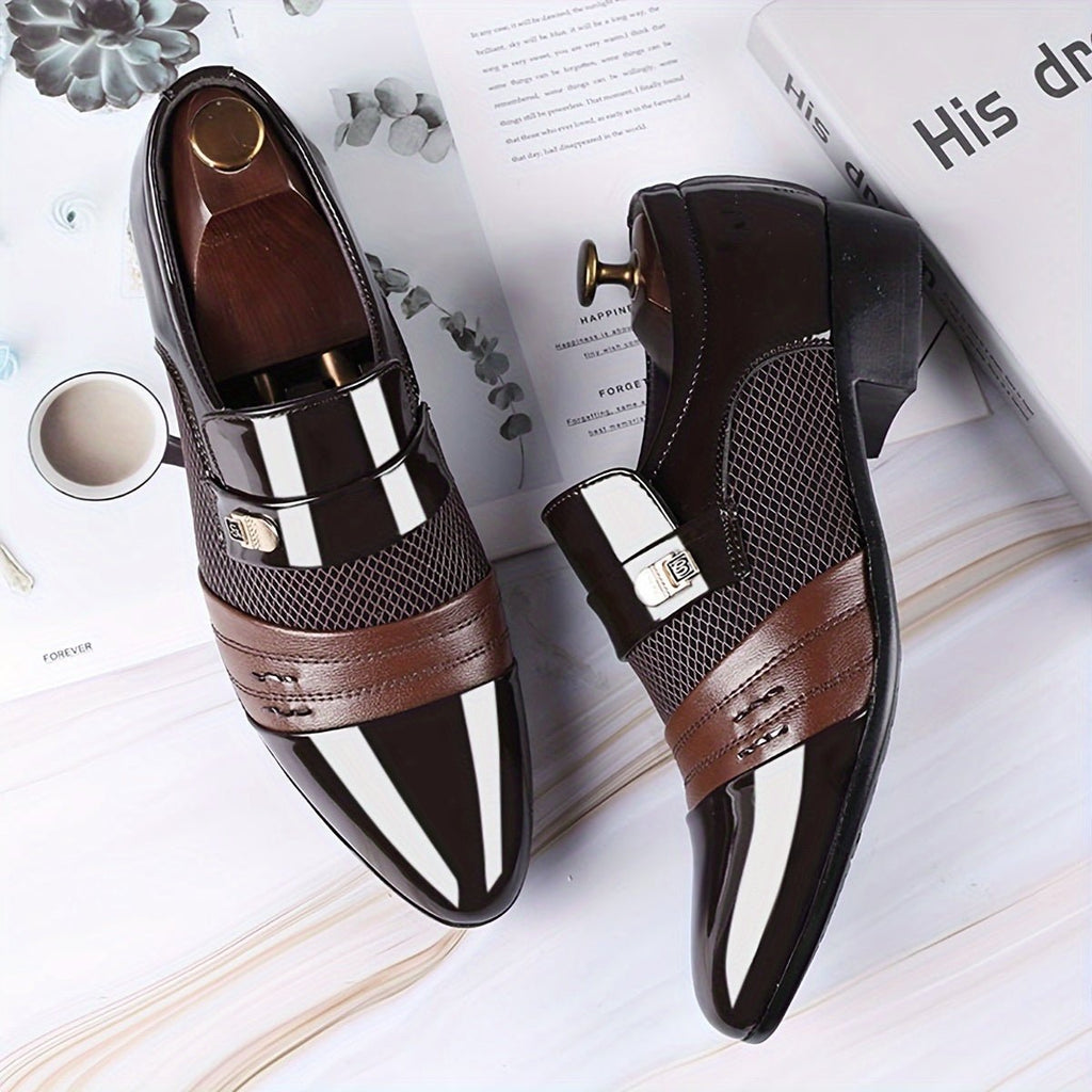 SHOWLU Men's pointed toe slip-on business casual shoes in microfiber leather, ideal for formal and wedding occasions.