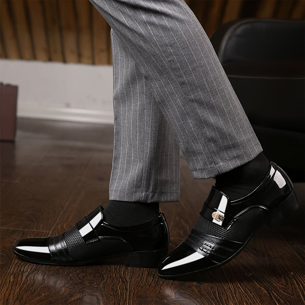 SHOWLU men's pointed toe slip-on business casual shoes in microfiber leather, versatile for business and wedding attire.