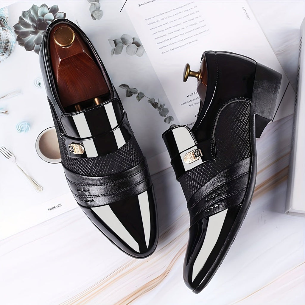 SHOWLU men's pointed toe slip-on business casual shoes in microfiber leather, suitable for formal and wedding attire.