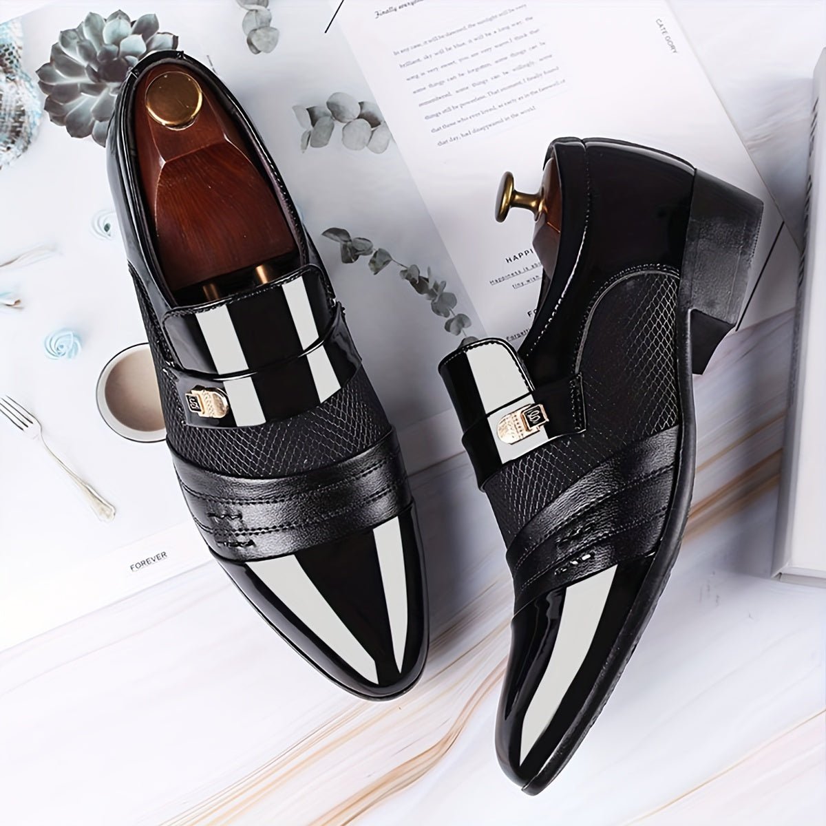 SHOWLU men's pointed toe slip-on business casual shoes in microfiber leather, suitable for formal and wedding attire.