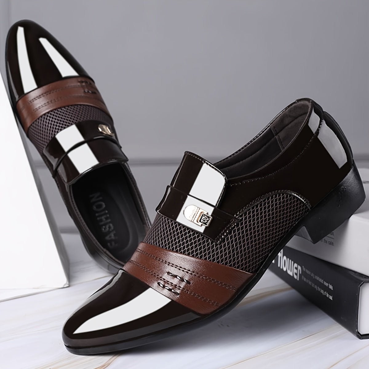 SHOWLU Men's pointed toe slip-on business casual shoes in microfiber leather, suitable for formal and wedding occasions.