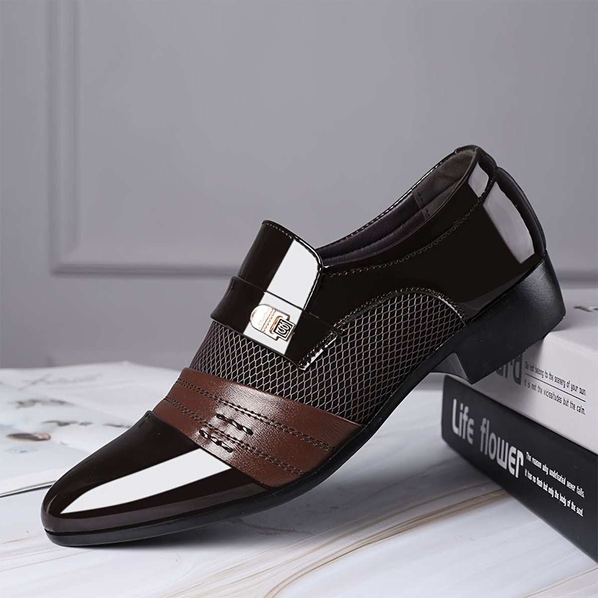 SHOWLU Men's pointed toe slip-on business casual shoes in microfiber leather, versatile for work, weddings, and formal occasions.