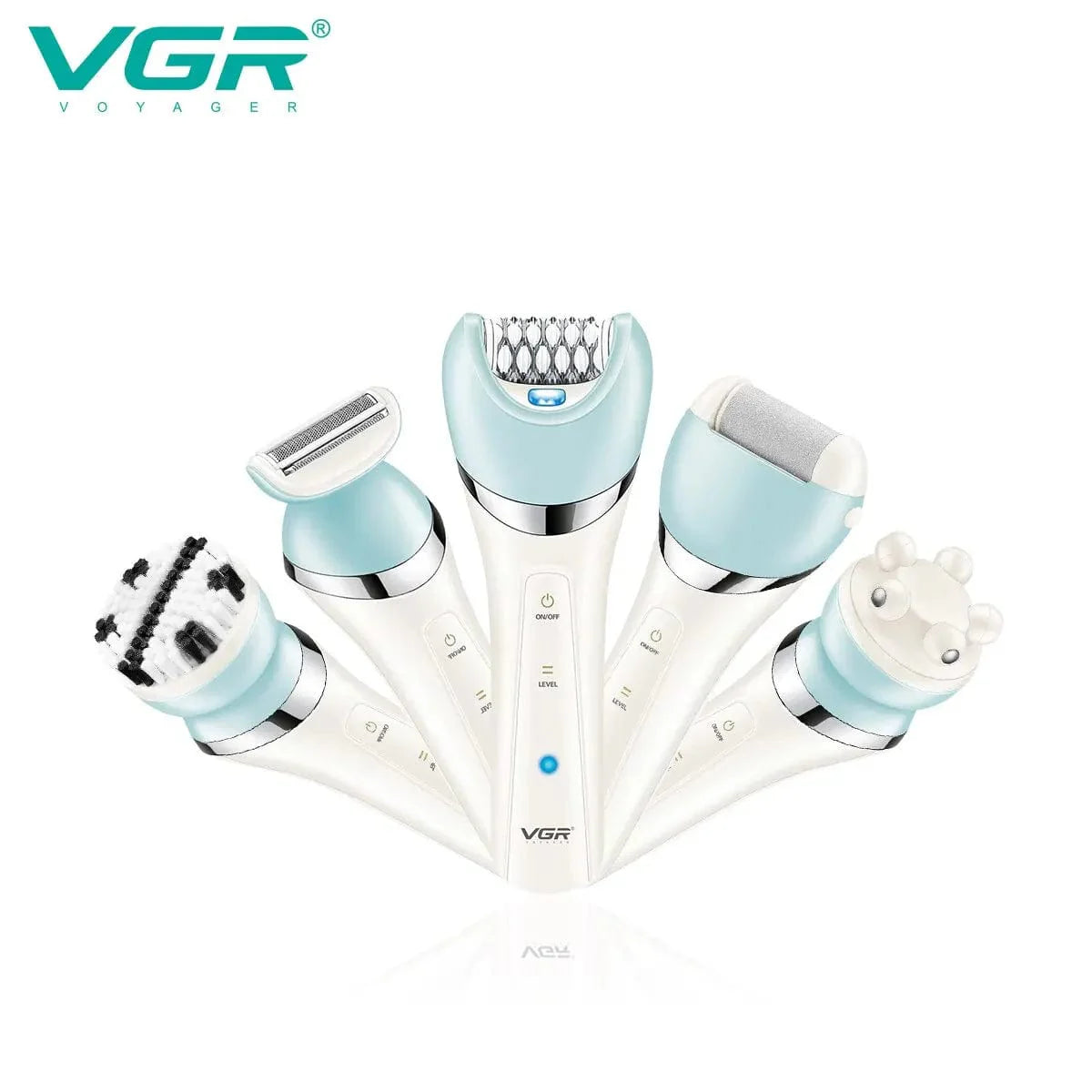 VGR V-703 5-in-1 women's epilator kit with shaver, body trimmer, and facial cleaning attachments on a white background.